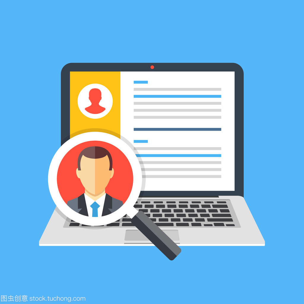 人力资源部,工作人员的概念。名候选人名单和候选人图标带放大镜的笔记本电脑。创意的图形元素。现代平面设计矢量图